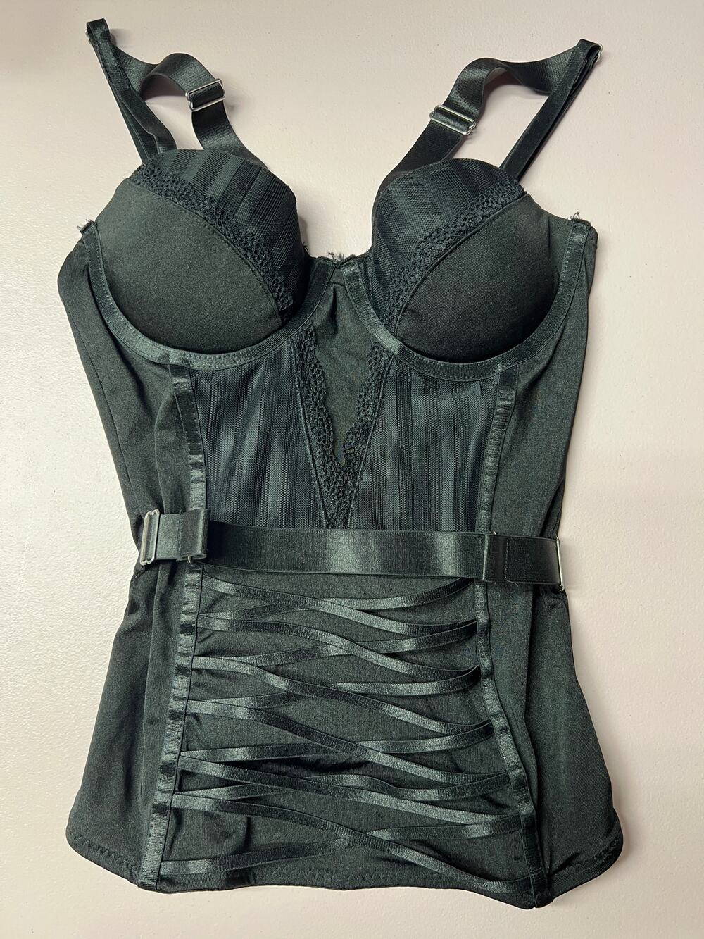 Womens Black Overbust Bustier Top XS Underwired Demi Cups Lace Adjustable Straps